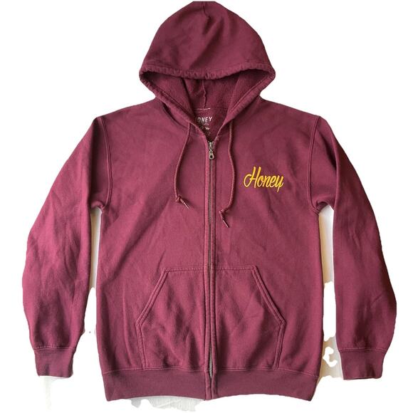 Honey Brand Co Men Hoodie Jacket S Burgundy Fleece Bear Pot Zipper Graphic Print - Picture 2 of 7
